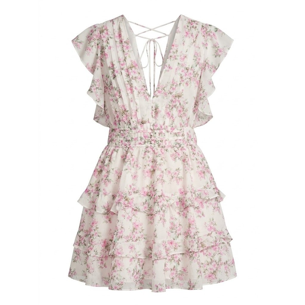 Arula Pink Floral Tiered Ruffle Mini Dress Size B 2X 18/20 V-Neck Flutter